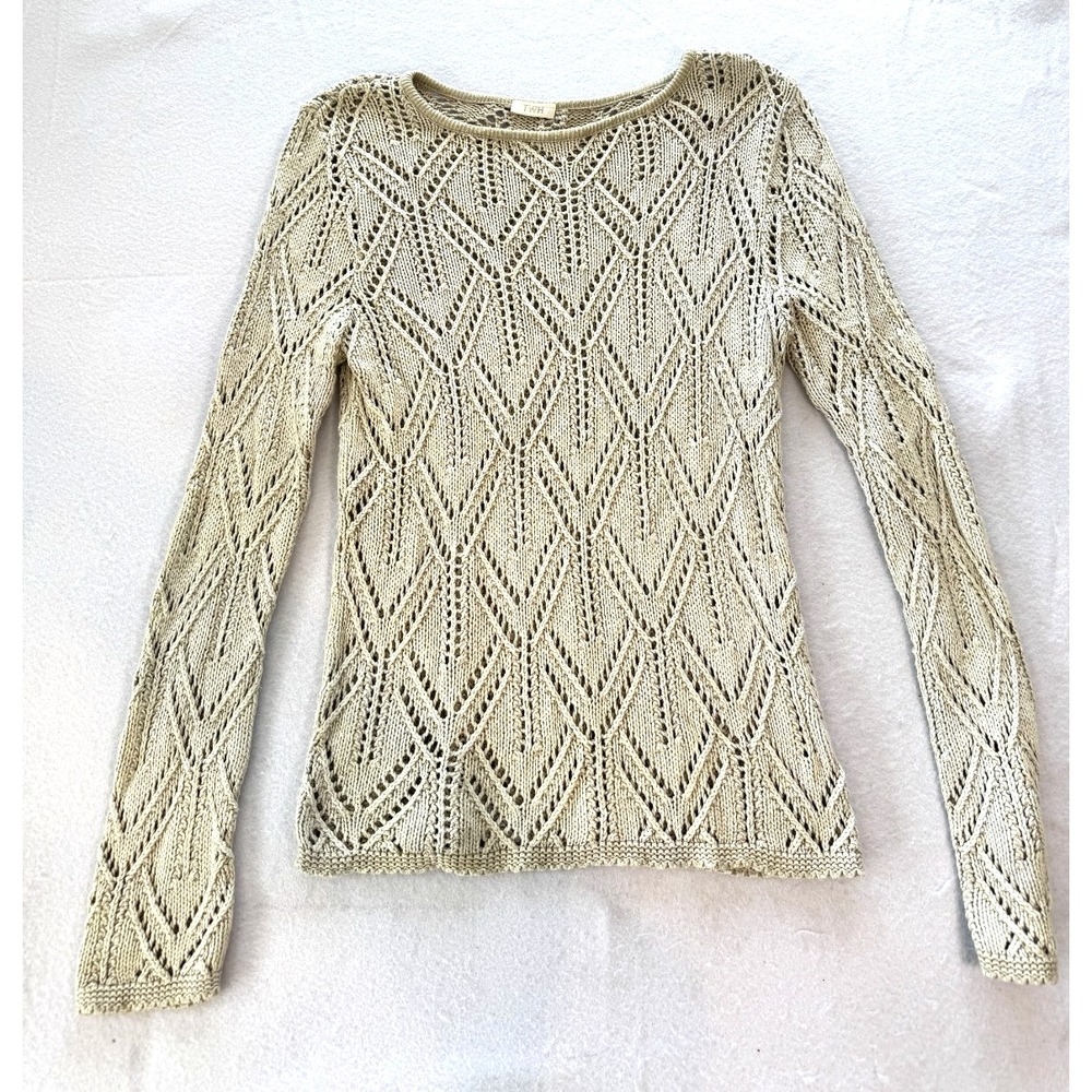 T.W.H. Sweater Women's Ecru‎ Ivory Crochet Open Knit Boho Cottagecore Medium